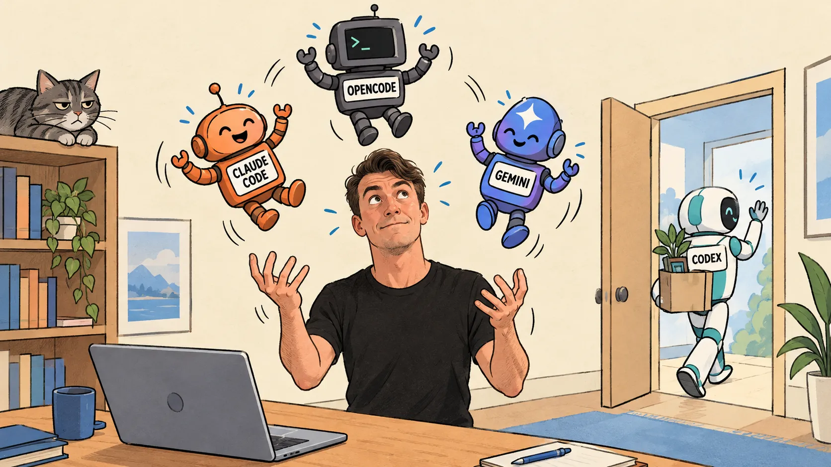 Cartoon of me in a black t-shirt juggling three small robots labelled Claude Code, OpenCode and Gemini, while a fourth robot labelled Codex walks out the door carrying a box of its things and waving