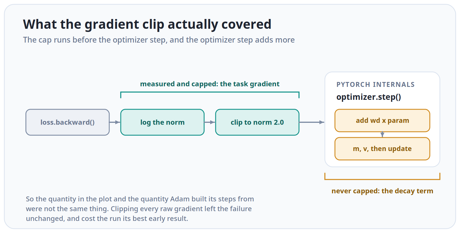 The clip runs between backward() and the optimizer step, so the decay term the optimizer adds is never covered by it